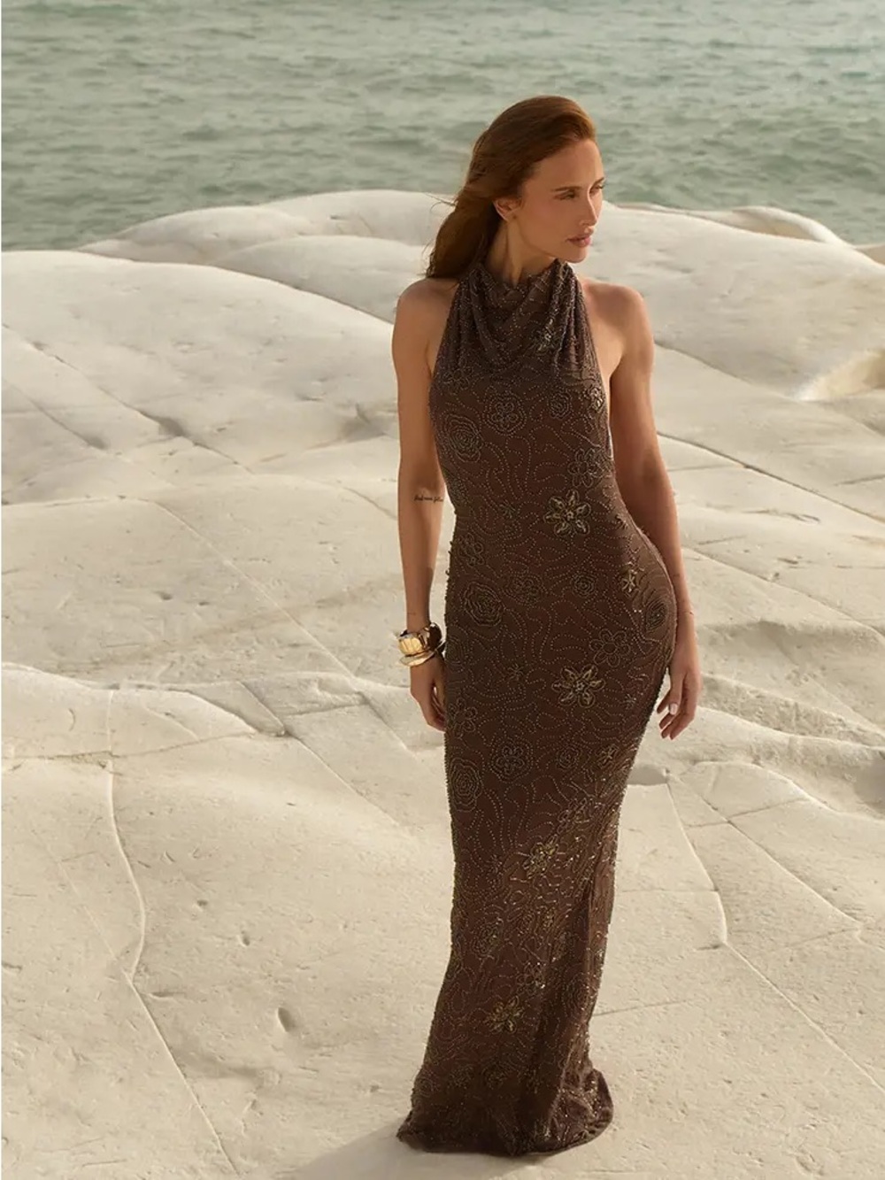 PrettyLittleThing Brown Beaded Halter Maxi Dress